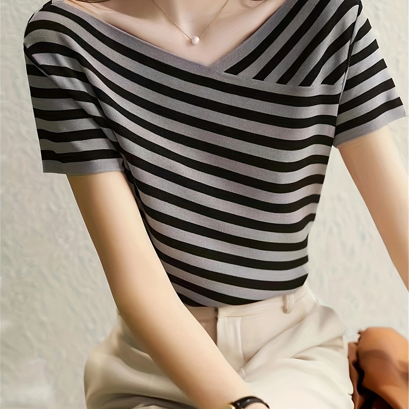 Ice Slicky Fiber Fabric V-neck Striped Casual Comfortable Versatile Sweater