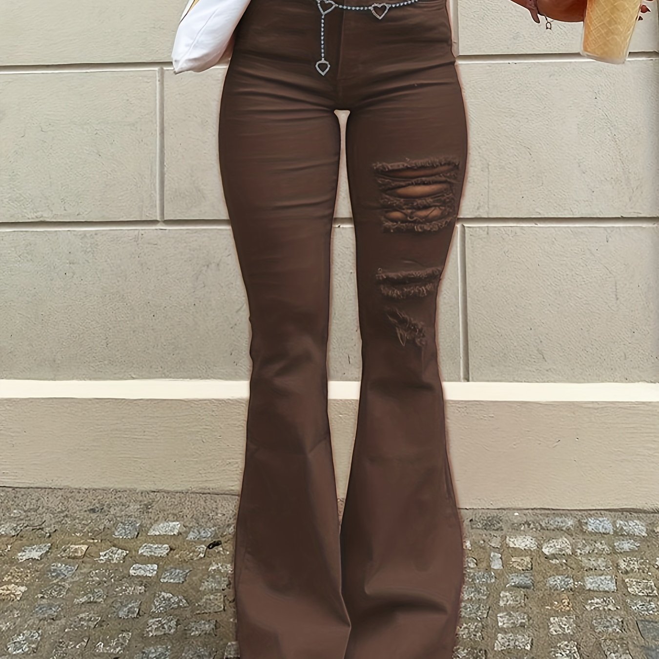Ripped One Leg High Rise Brown Jeans Bell Bottom Shape Distressed Flare ...
