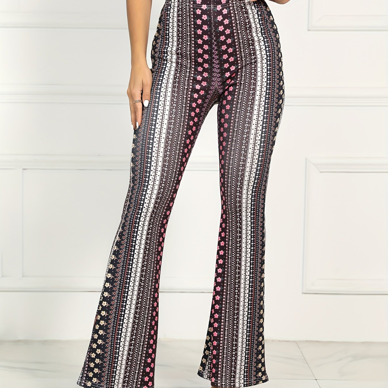 Boho Floral Print High Waist Leggings Bodycon Wide Leg - Temu