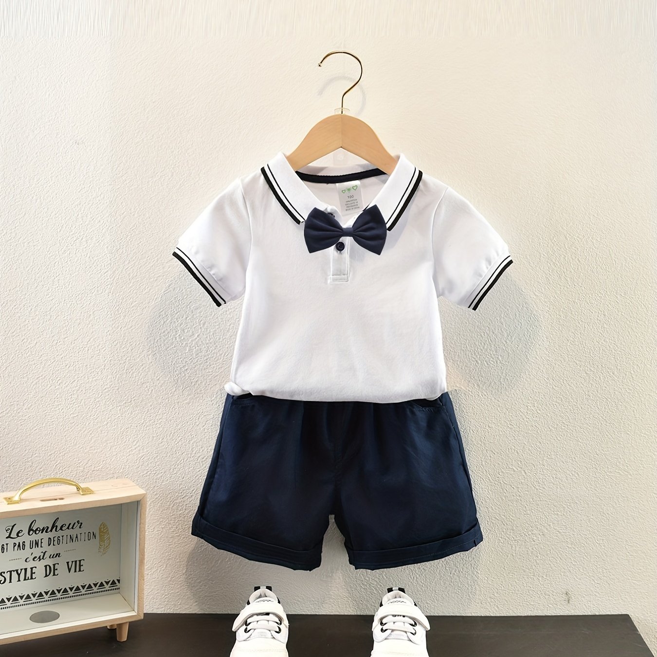 2pcs Boys Short Sleeves Polo Shirt Shorts Bow Tie Preppy Style Kids ...