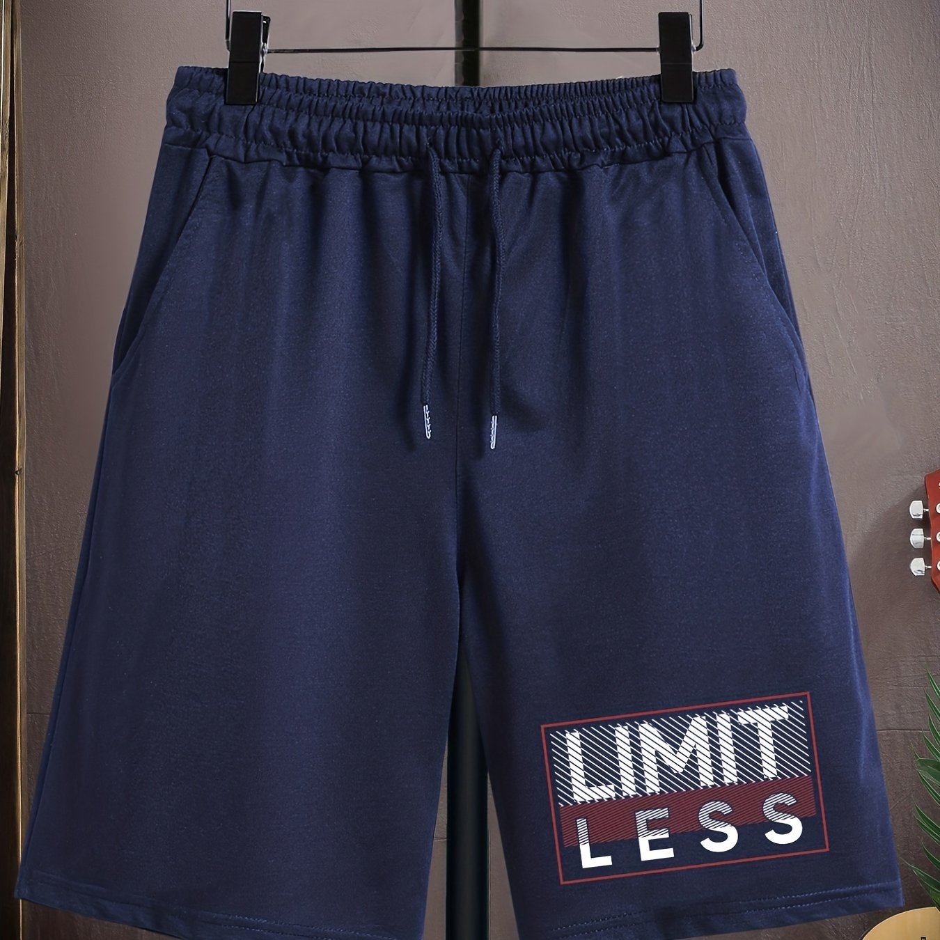 TEMU Men's Plus Size Casual Shorts, 100% Polyester Knit Fabric, Medium Stretch, Drawstring, Regular Fit, Lightweight 200g/mÂ², Pants For Big & Tall