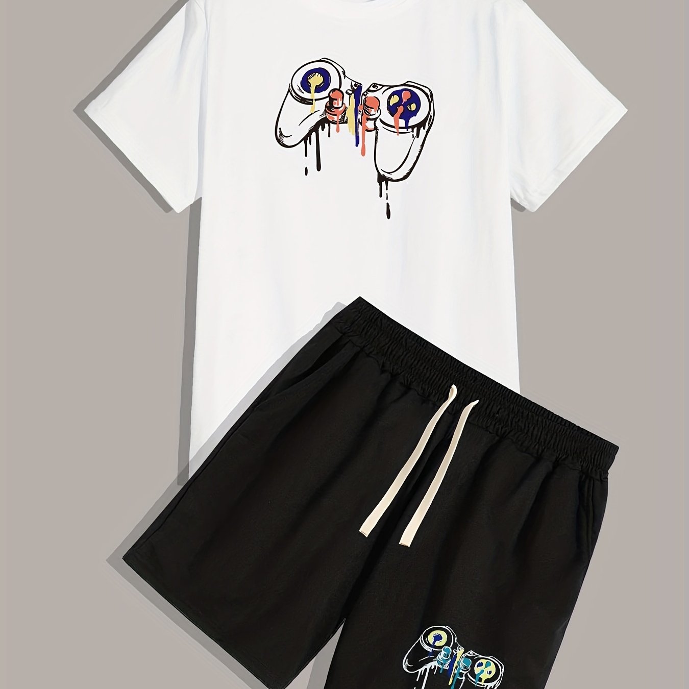 TEMU Gamepad Print Men's 2pcs, Casual T-shirt And Loose Drawstring Shorts For Summer