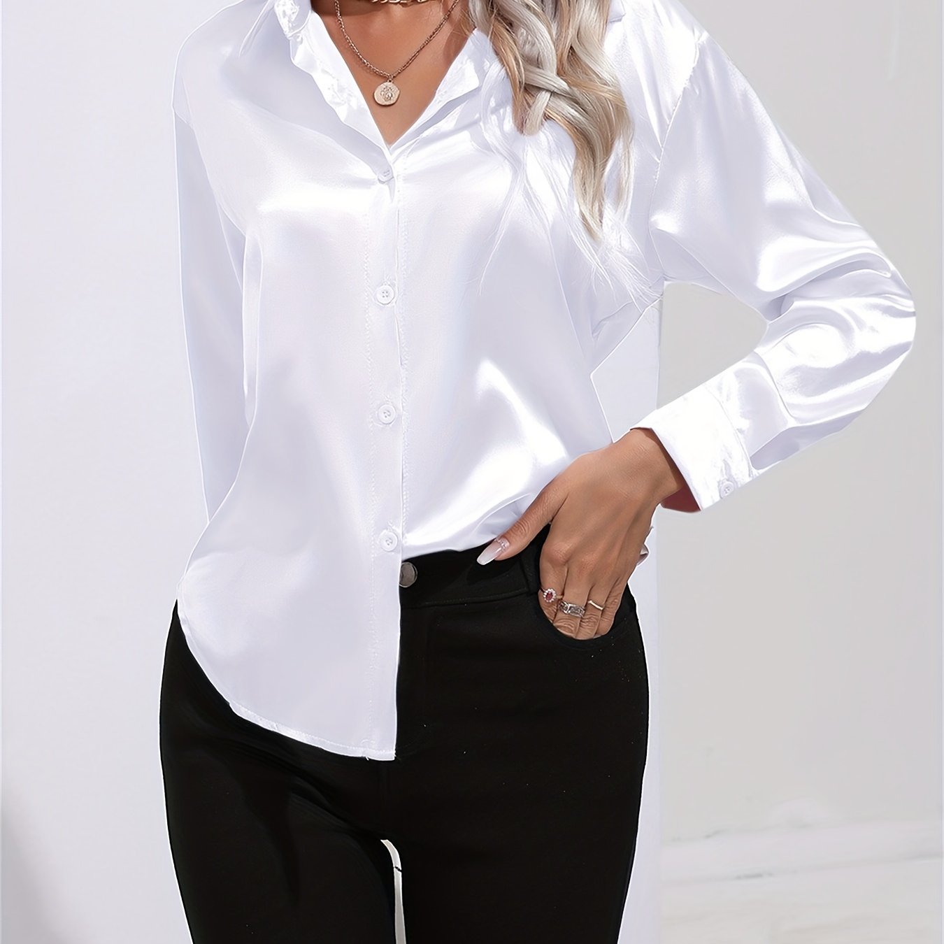 Notched Collar Satin-like Long Sleeve Shirt