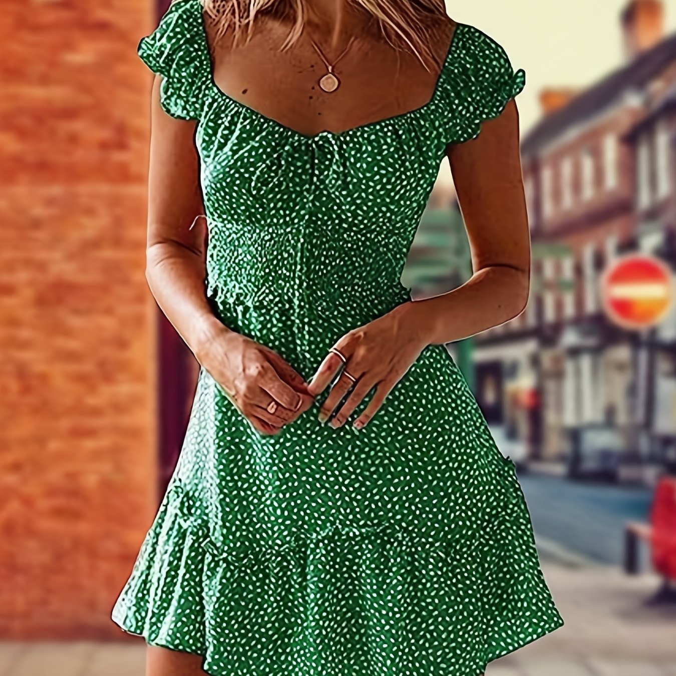 Ruffle Hem High Waist Dress Random Print Casual Dress For Summer Spring 