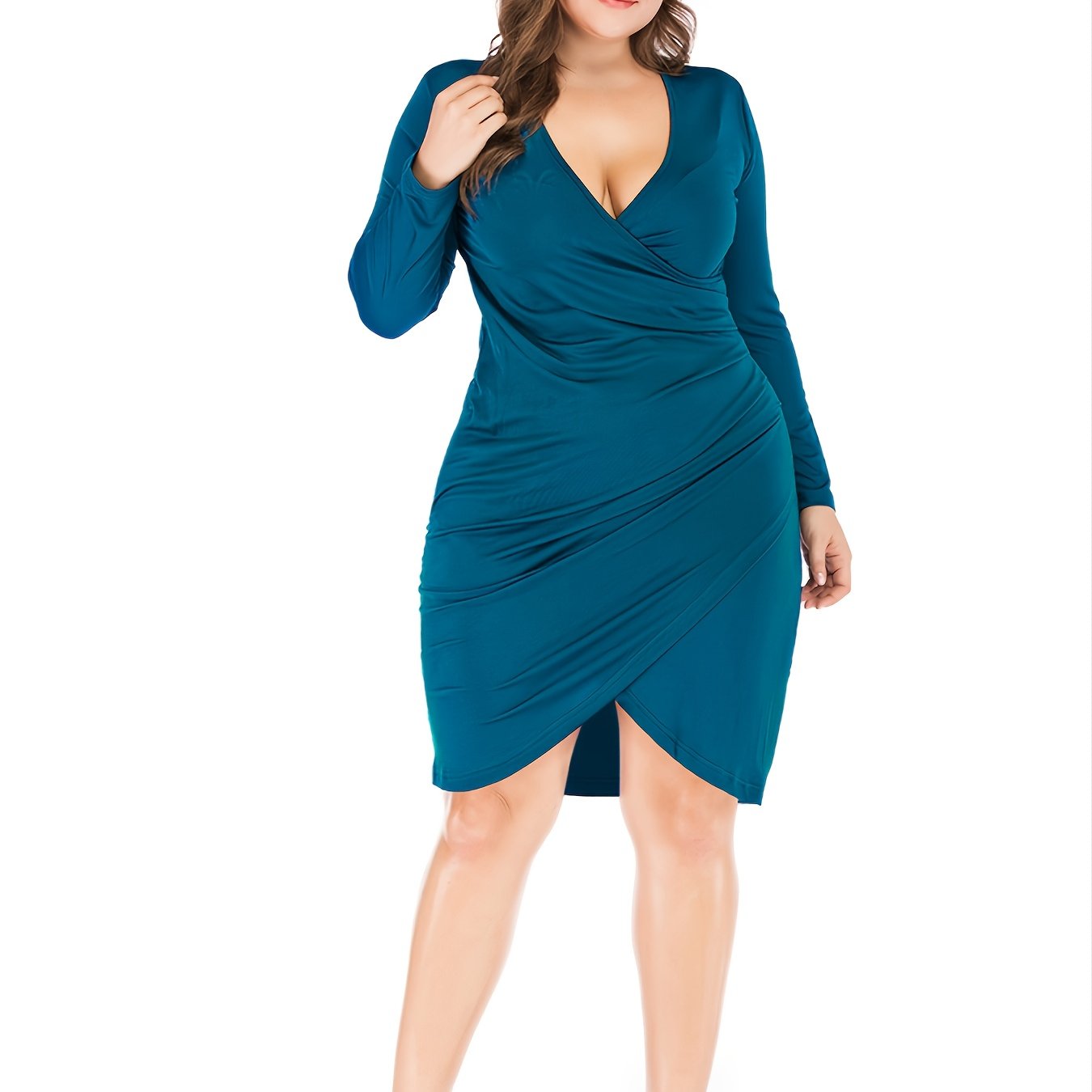 Plus Size Deep V Neck Long Sleeve Wrap Midi Dress Women's