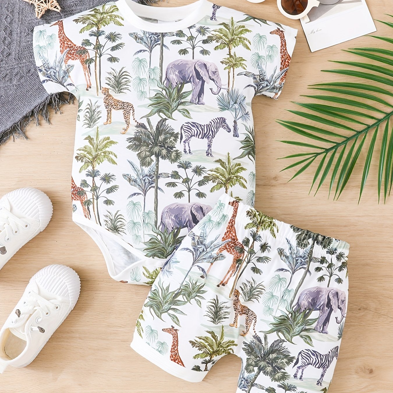 Image of Toddler Baby Boys Summer Clothing Sets Forest Animal Print Romper Short Sleeve Bodysuit Tops And Shorts 2pcs Outfit, Perfect For Outdoor