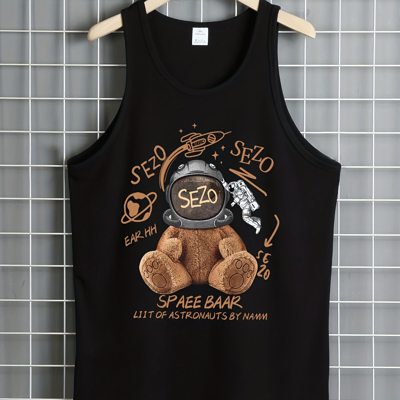Space bear pattern casual mid stretch round neck tank top men s tank