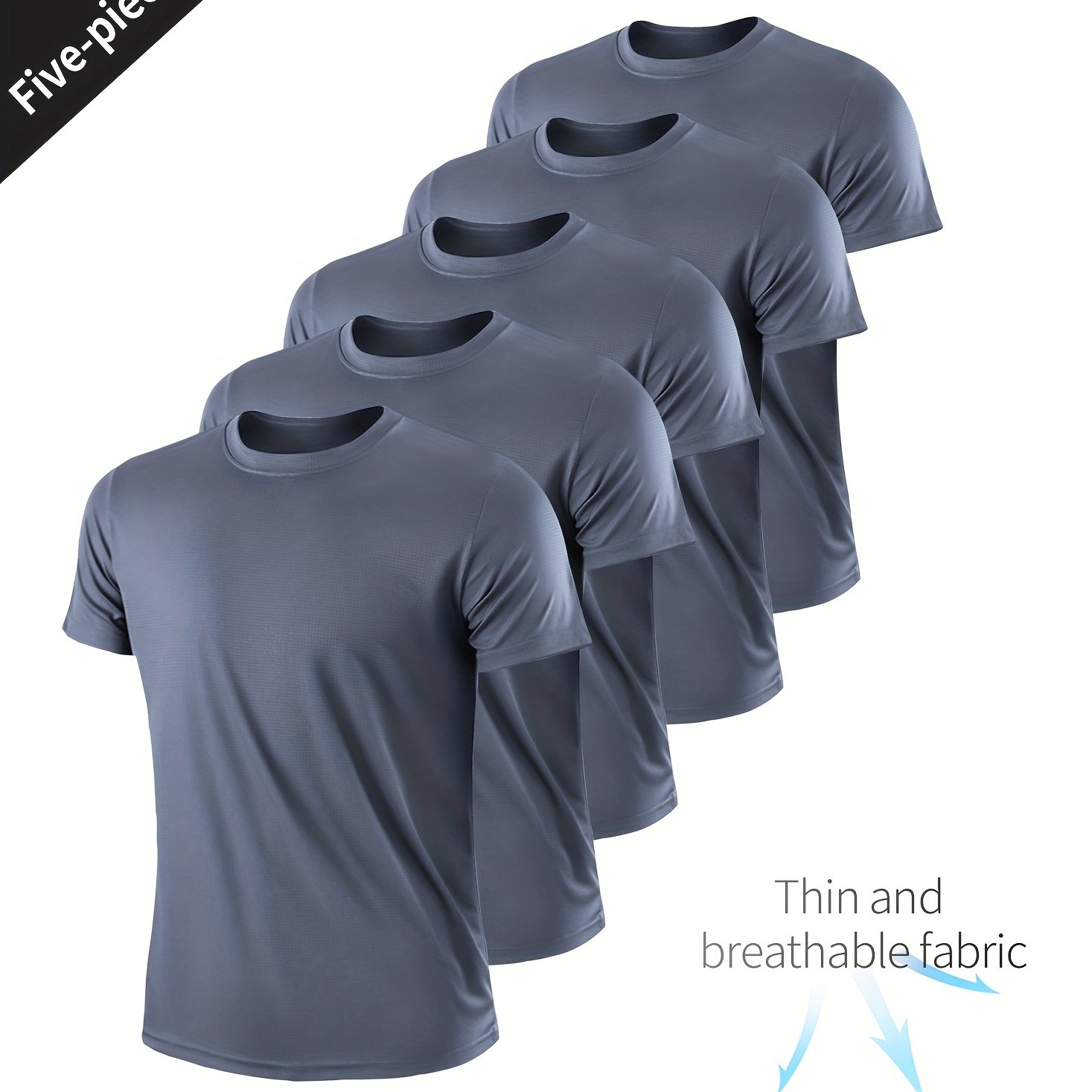 Image of Princ 5pcs Men'-thin Quick-dry Fitness Workout Shirts, Running Fashion Moisture-wicking Casual Men's Quick-dry Fitness Set, Gray Short Sleeve Top, Lightweight Breathable, For Gym Training
