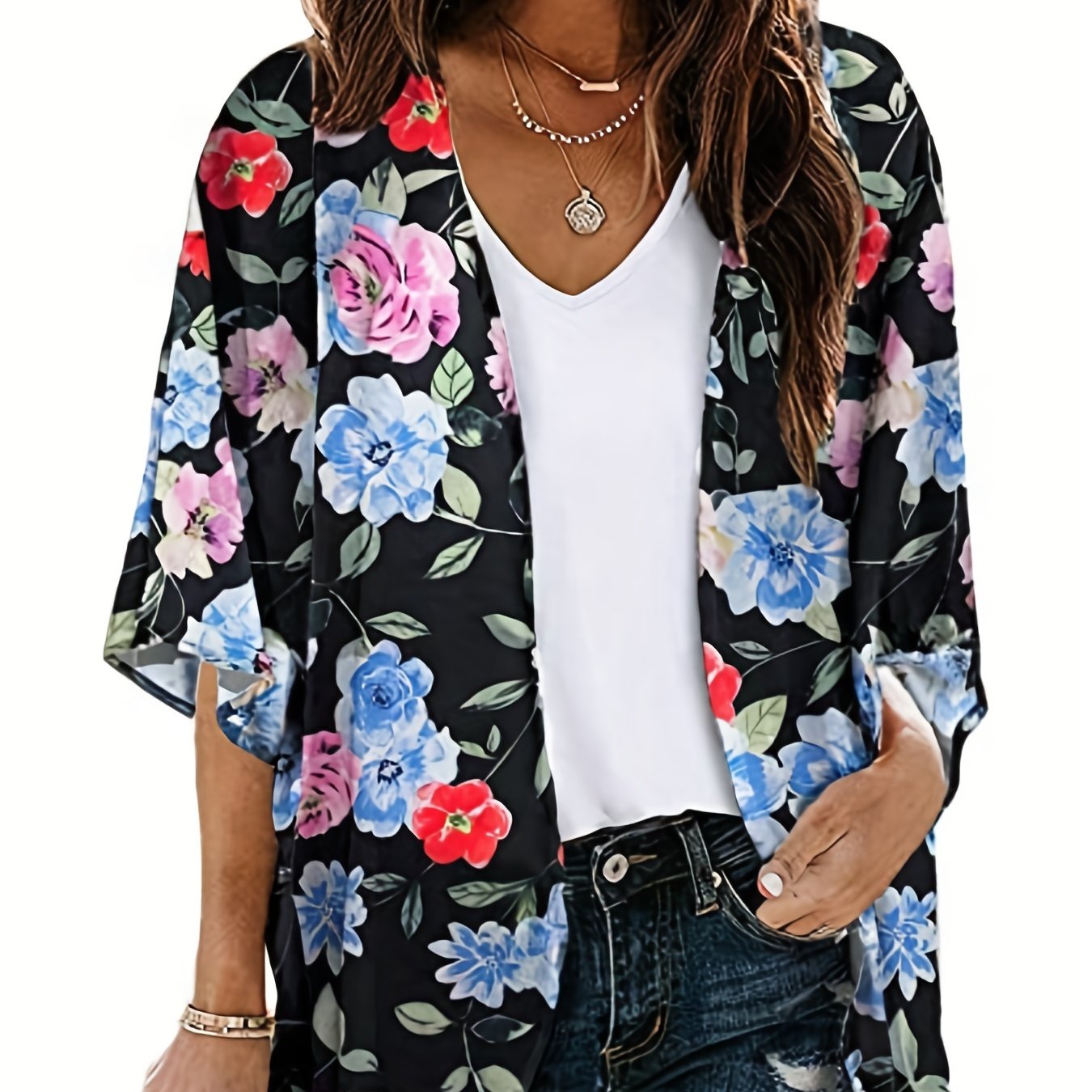 Floral Print Open Front Kimono Boho Cover Up Kimono For Spring Summer ...