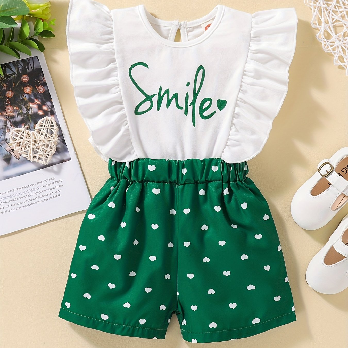 Baby Girls Casual Smile Ruffle Trim Heart Graphic Print Romper Jumpsuit 