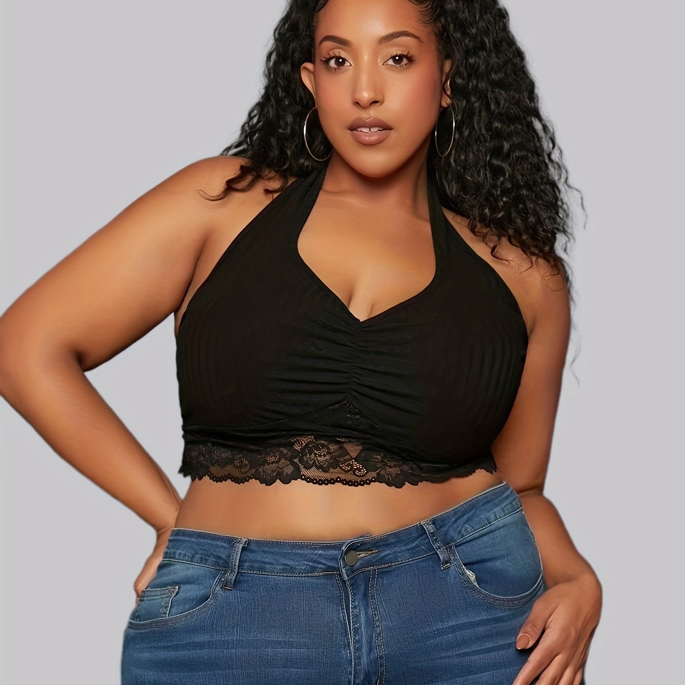 Plus Size Solid Ruched Contrast Lace Halter Neck Crop - Temu Canada