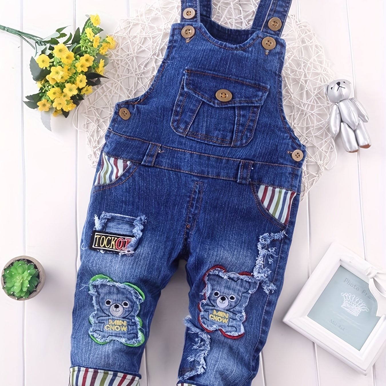 TEMU Baby Boys Cute Bear Decor Denim Bib Pants Overalls For Spring Summer And Autumn