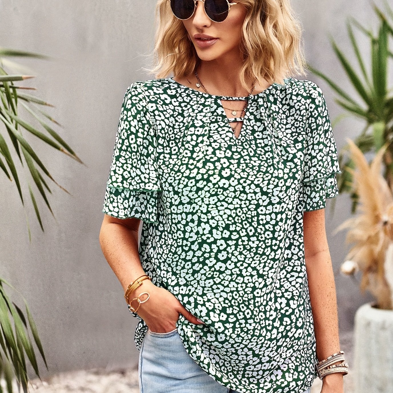 Floral Print Cut Blouse Casual Short Sleeve Blouse Spring - Temu Kuwait