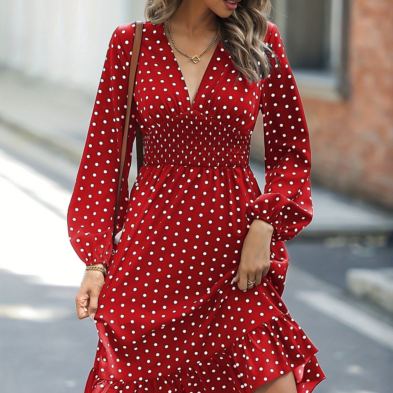 Retro V neck Ruffle Dress Polka Dot Print Long Sleeve Waist - Temu Canada