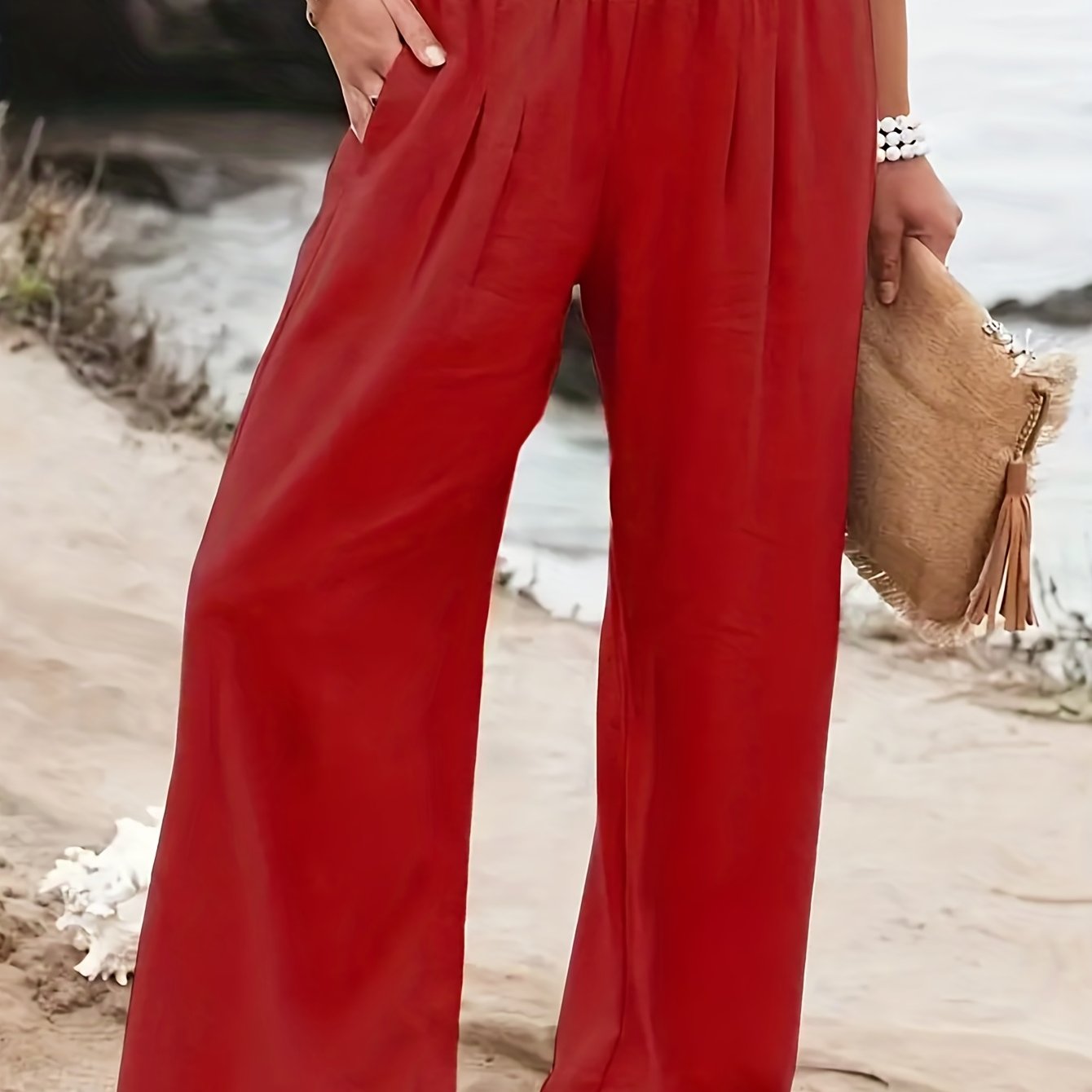 Minimalist Slant Pocket Wide Leg Pants Casual Shirred Pants - Temu