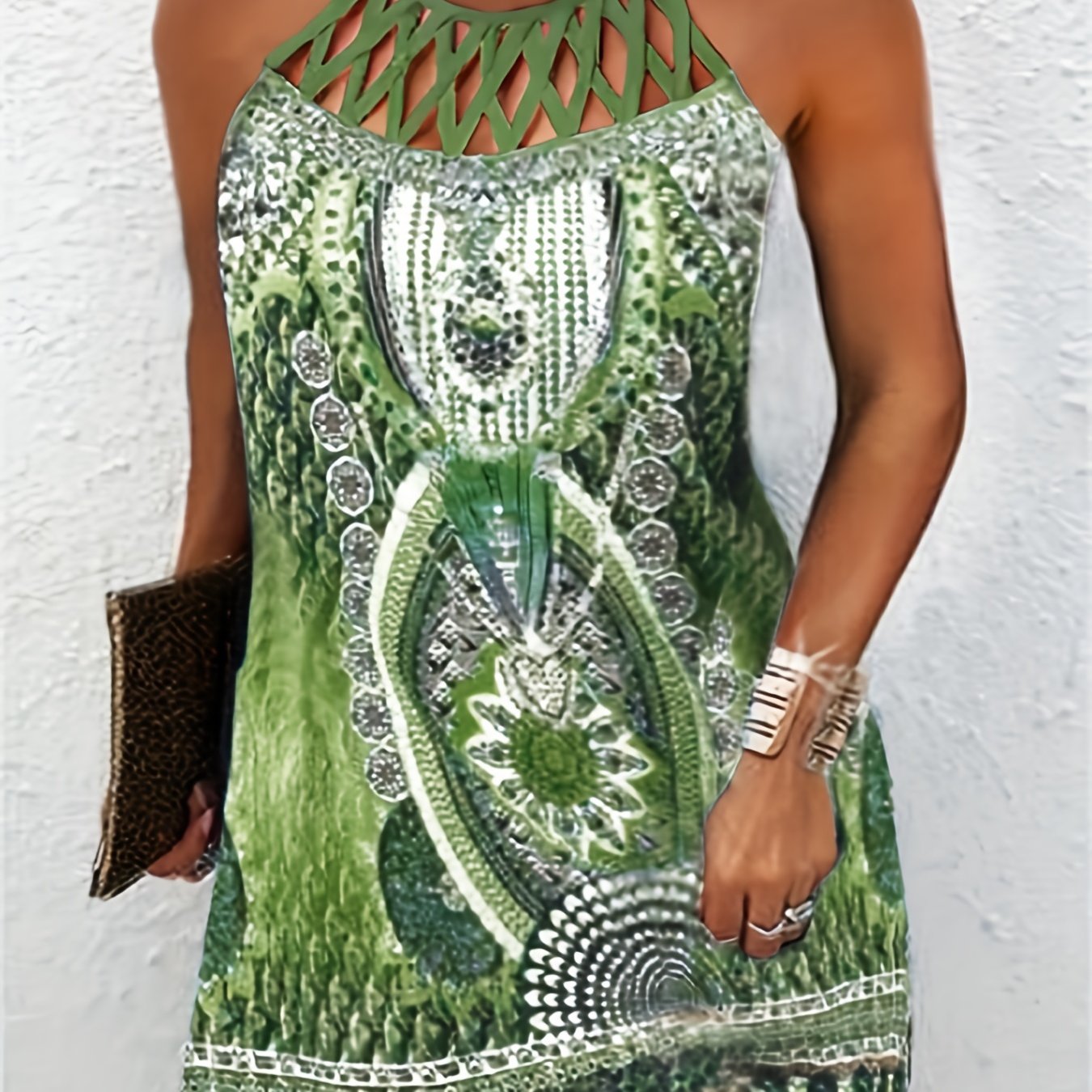 Ethnic Print Cut Out Dress Boho Sleeveless Crew Neck Dress Women's ...