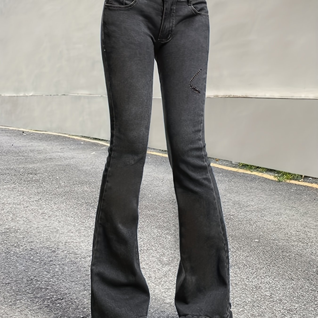 Jeans acampanados desgastados gris oscuro, pantalones de mezclilla de alta  elasticidad con bolsillos cortados en la parte inferior de la campana, jean