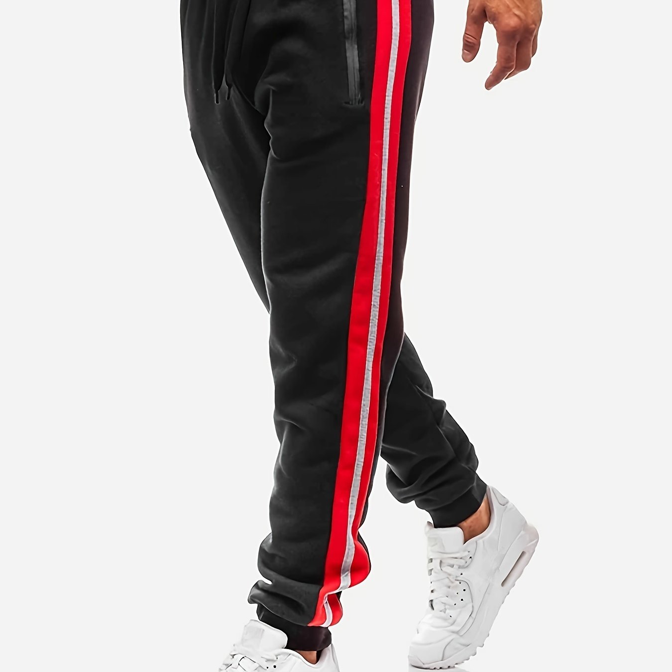 Black track pants with red best sale stripe mens