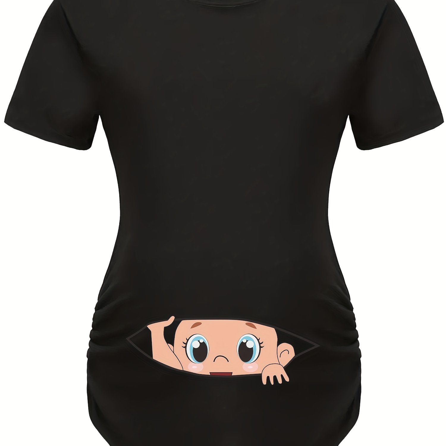 Black Pregnant Women's T-shirt With Alphabet And Pattern | Crew Neck, Short Sleeve, Medium Stretch Fabric, Regular Fit