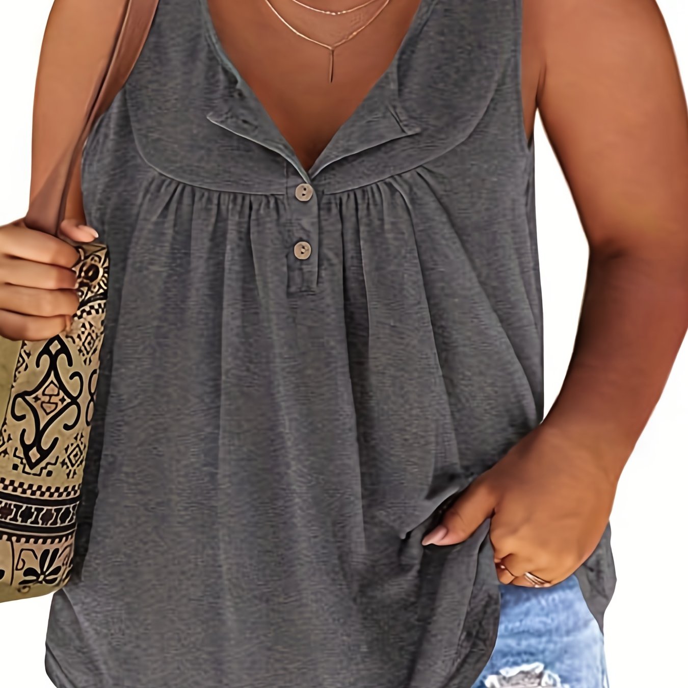 Plus Size Casual Tank Top Women's Plus Solid Ruched Round - Temu