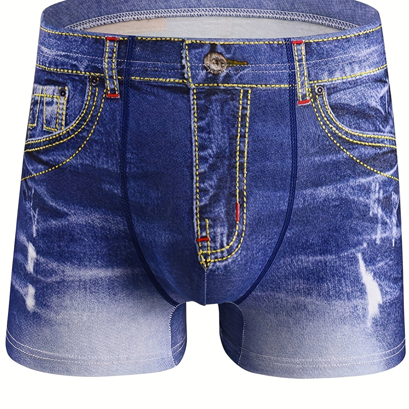 Image of 1 Pair Of Men's Denim Print Boxer Briefs, Three-dimensional Mid-rise, Sexy, Breathable, Fashionable Square-cut Underwear