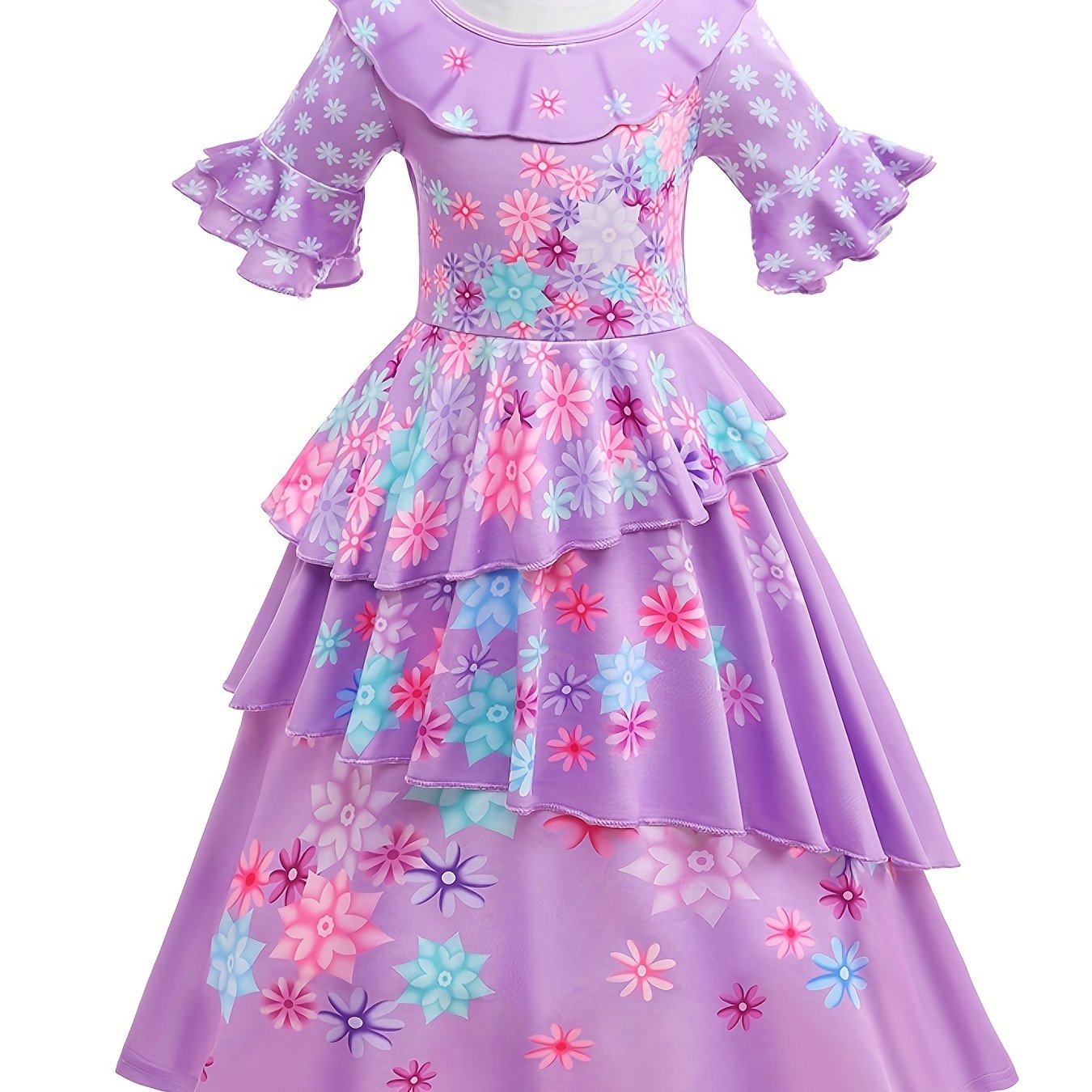 Girls Ruffled Round Neck Puff Short Sleeve Dress Flower Graphic Cosplay ...