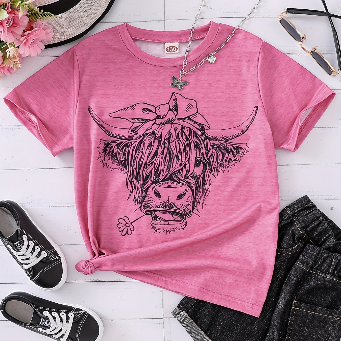 Girls Cute Round Neck Cow Head Graphic Short Sleeve T-shirt Casual Tees Top Summer Kids Clothes