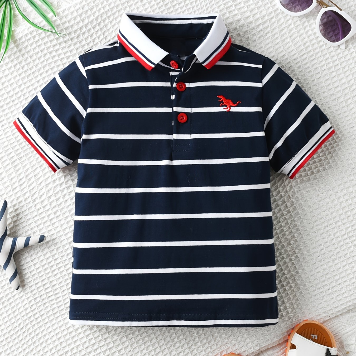 Boys' Summer Striped Collar Short Sleeve T-shirt, Casual Top For Toddlers And Young Children, Boys' Fashionable Casual Short Sleeve Top, Boys' Short Sleeve Shirt