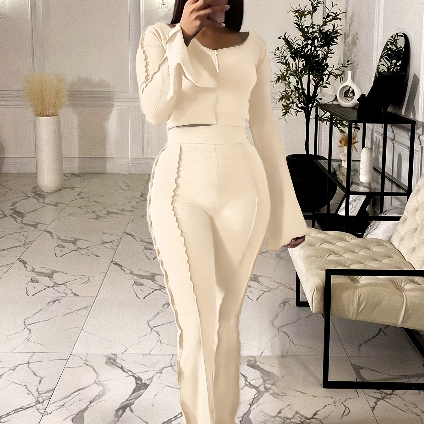 Solid Ribbed Two piece Set Funnel Neck Long Sleeve Tops High - Temu Canada