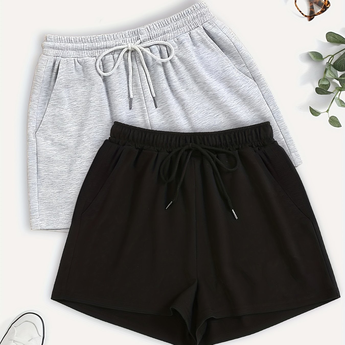 2pcs Women's Casual Summer Shorts - Elastic Waist With Adjustable Drawstring, Ribbed Texture, Regular Fit, Black & Gray, Machine Washable For Everyday &
