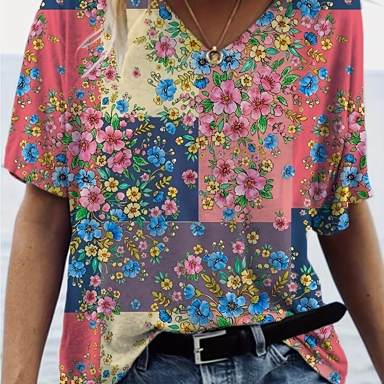 Floral Print V Neck T shirt Short Sleeve Casual Top Spring - Temu