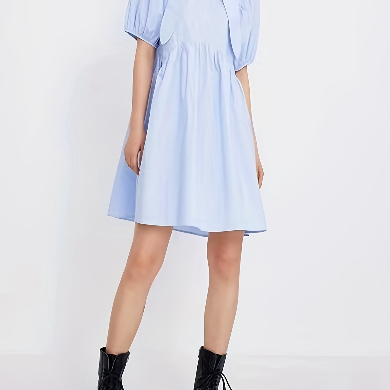 Solid Color Loose Shirt Dress Casual Short Puff Sleeve Dress For Spring ...