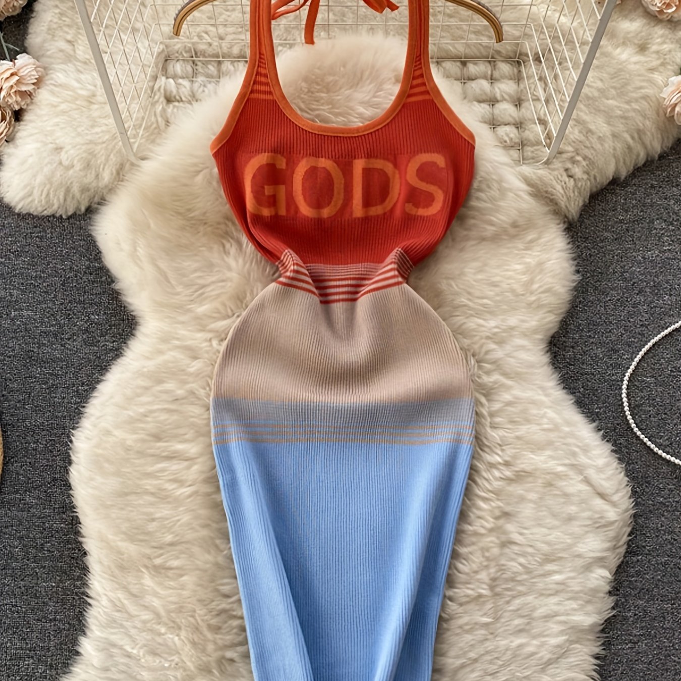 Image of European And American Women's Clothing Color-blocking Striped Letter Halter Neck Bag Hip Slim Dress Outerwear Base