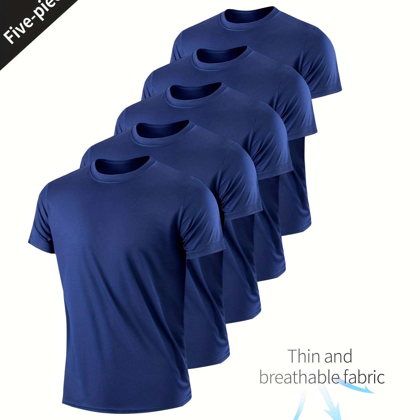 Prince 5pcs Men's Lightweight Breathable Fitness Sports Shirt, Running Fashion Casual Ultra-thin Quick-dry Workout Set, Blue Short Sleeve Top With Moisture-wicking, For Gym Training