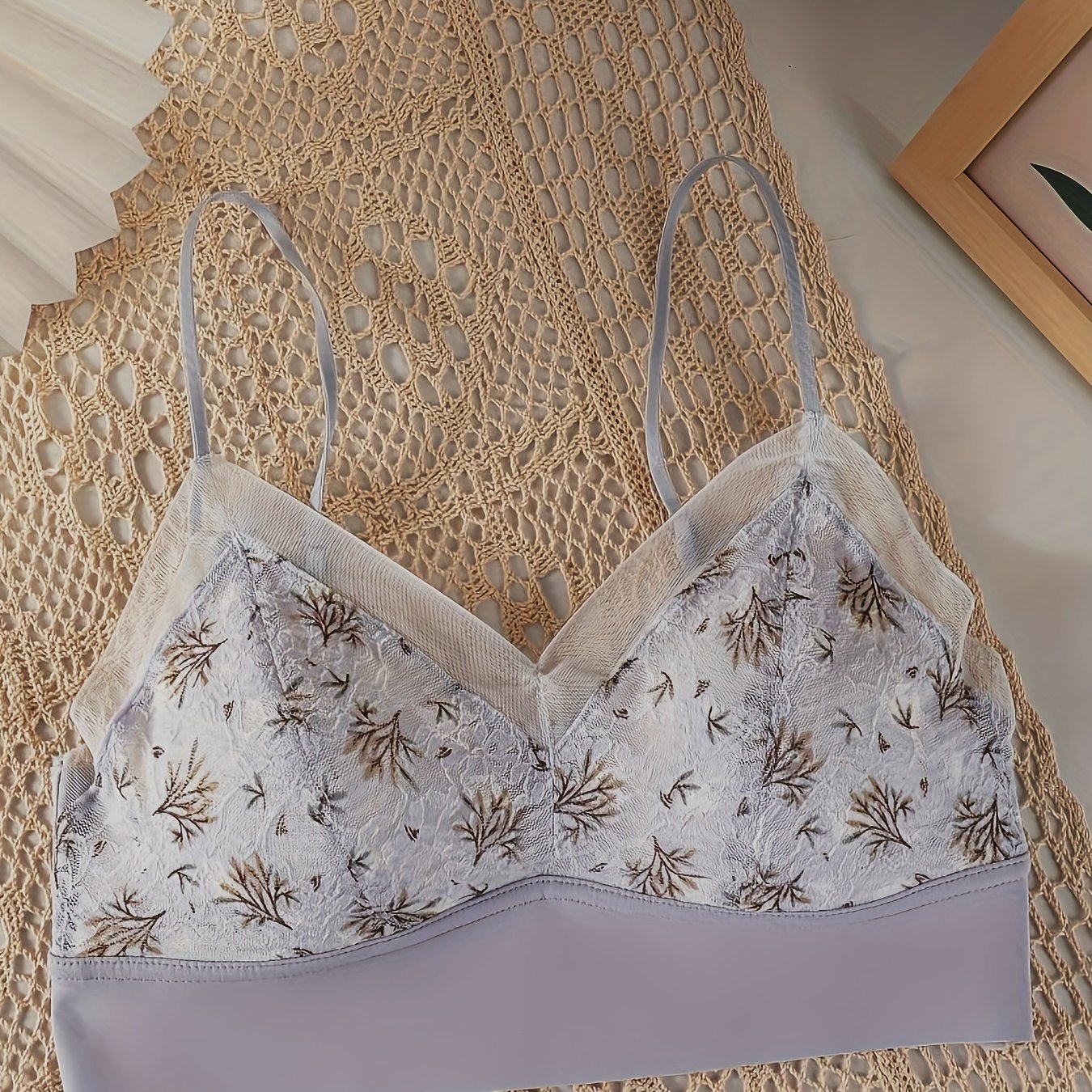 Floral Print Wireless Bra, Sweet & Cute Contrast Lace Bra, Women's Lingerie  & Underwear