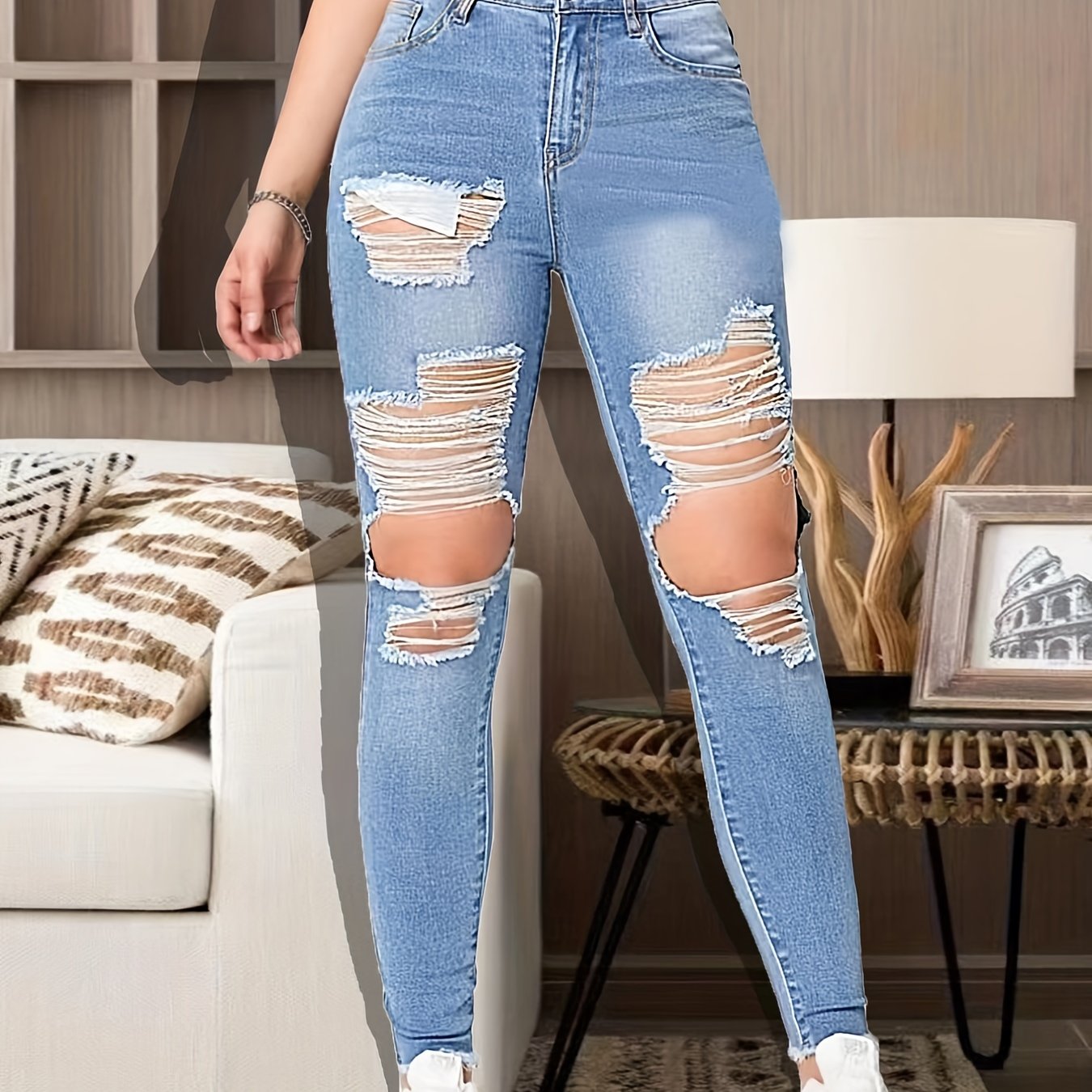 Ripped Roll Hem Skinny Jeans High Waist Whiskering - Temu Canada