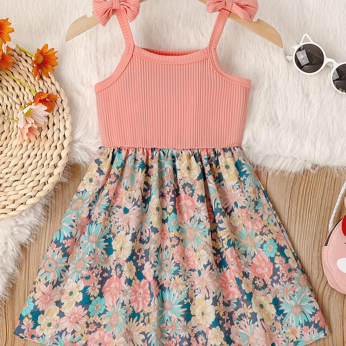 Image of Girls' Bow Shoulder Floral Pattern Camisole Dress For Parties, Children's Summer Clothing