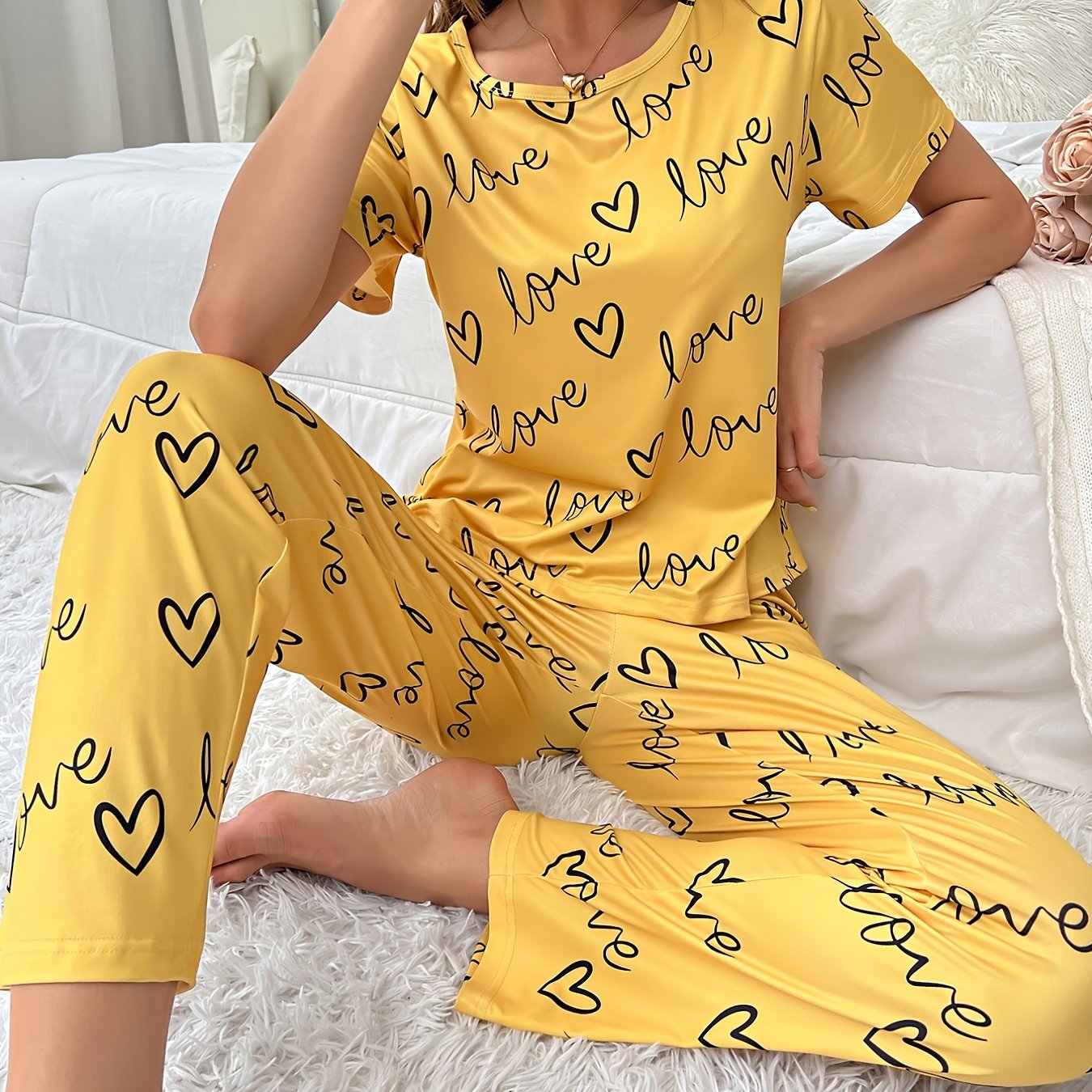 Cozy Pajamas Set Love Hearts Printed Short Sleeve Top - Temu