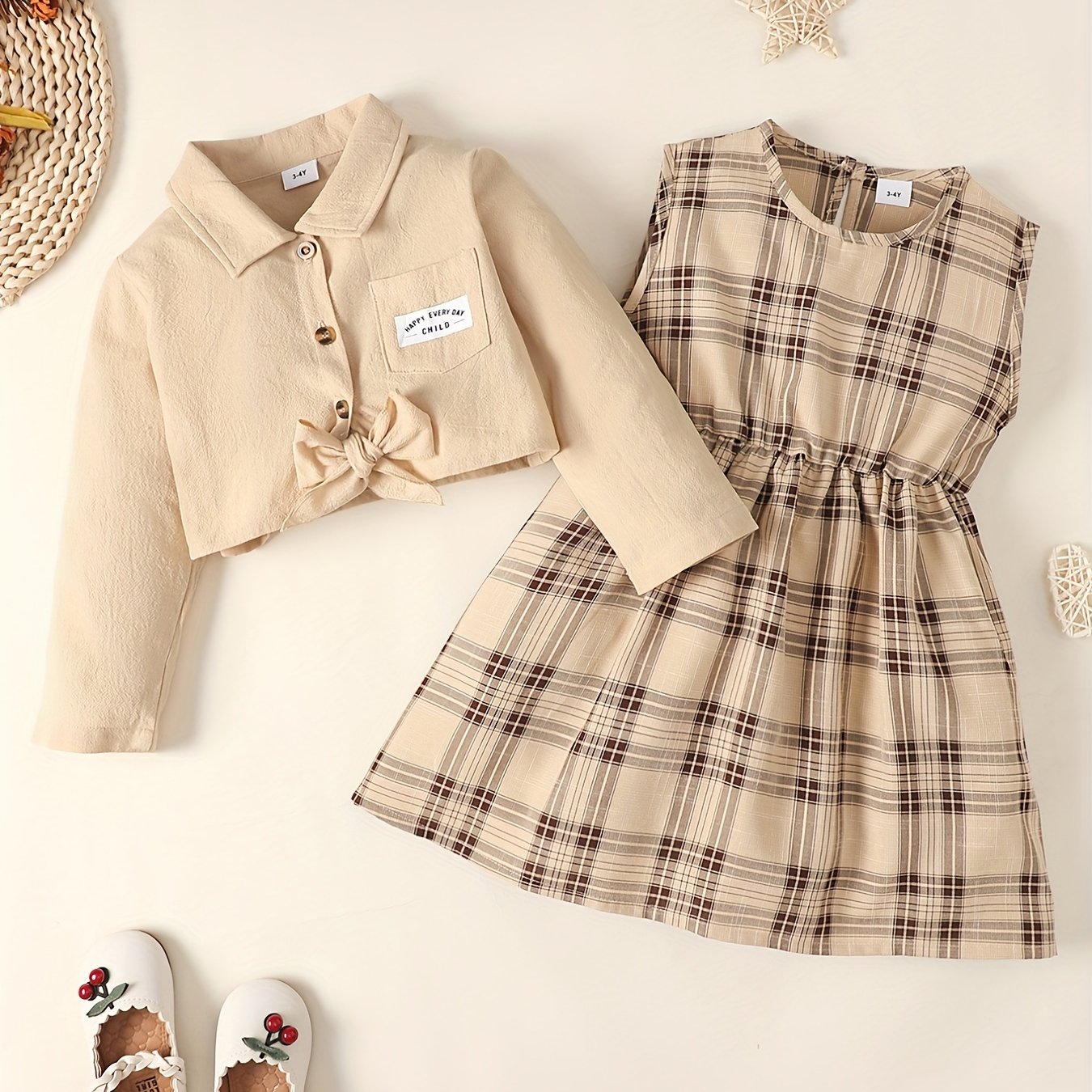 Girl's Plaid Pattern Teddy Fleece Dress & Bear Pattern Bag Set, Doll Collar  Long Sleeve Dress, Kid's Clothes For Spring Fall - Temu