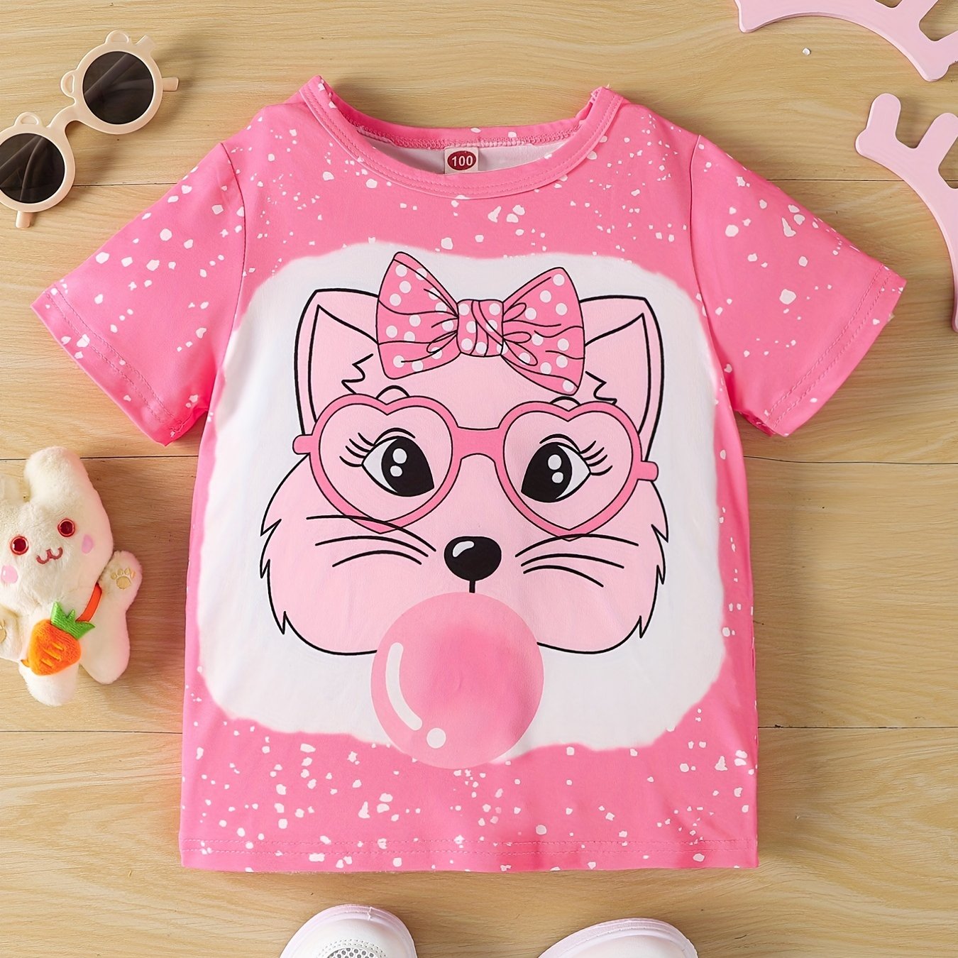 toddler girls t shirt pink cat dots graphic tee crew neck summer tops for kids