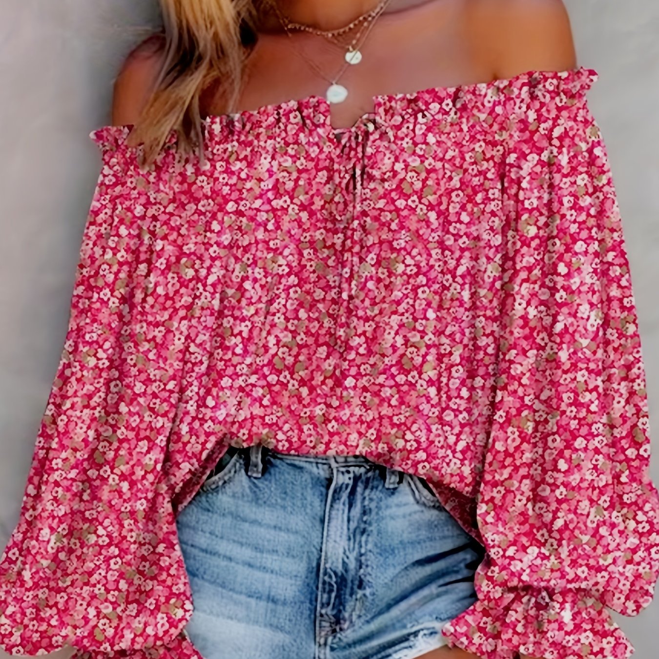 TEMU Blusa De Estampado Floral Tonto, Sexy Blusa De Hombro Descubierto Con Mangas Largas Con Ribete De Lechuga, Ropa De Mujer