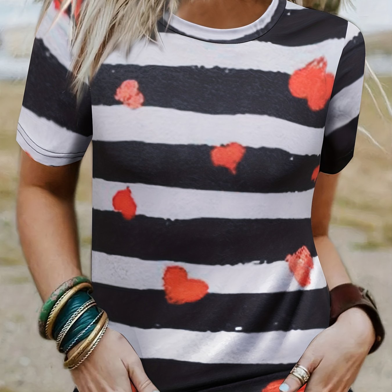 Heart print crew neck striped t shirt casual short sleeve t shirt for