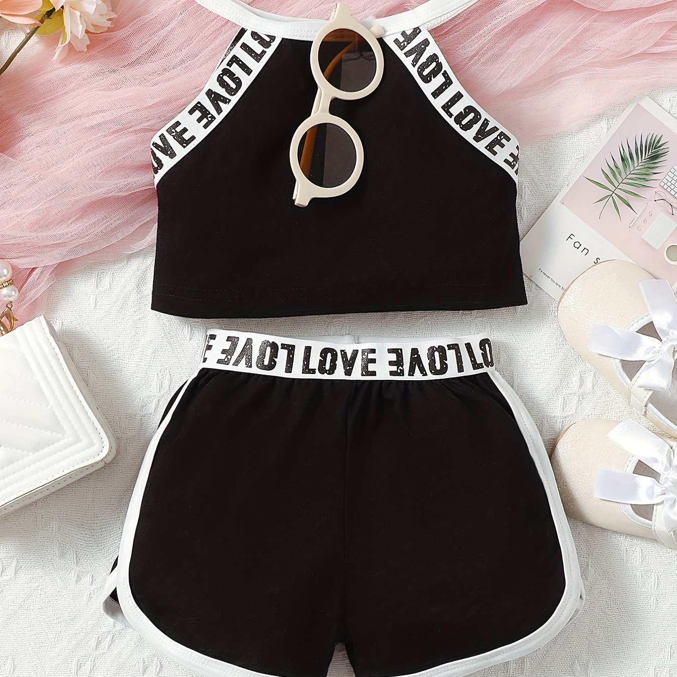 Image of Summer Girls' Baby Letter Elastic Webbing Decorated Camisole Top And Shorts Set, Cute Casual Camisole Sports Shorts Set For Baby Girls, Perfect For Outdoor