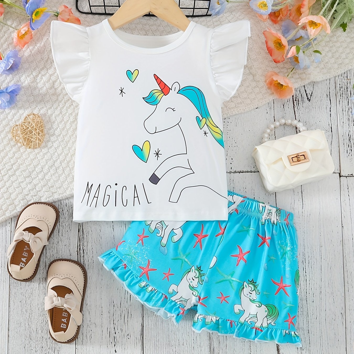 2pcs girls ruffle trim cute cartoon unicorn graphic t shirt top ruffled