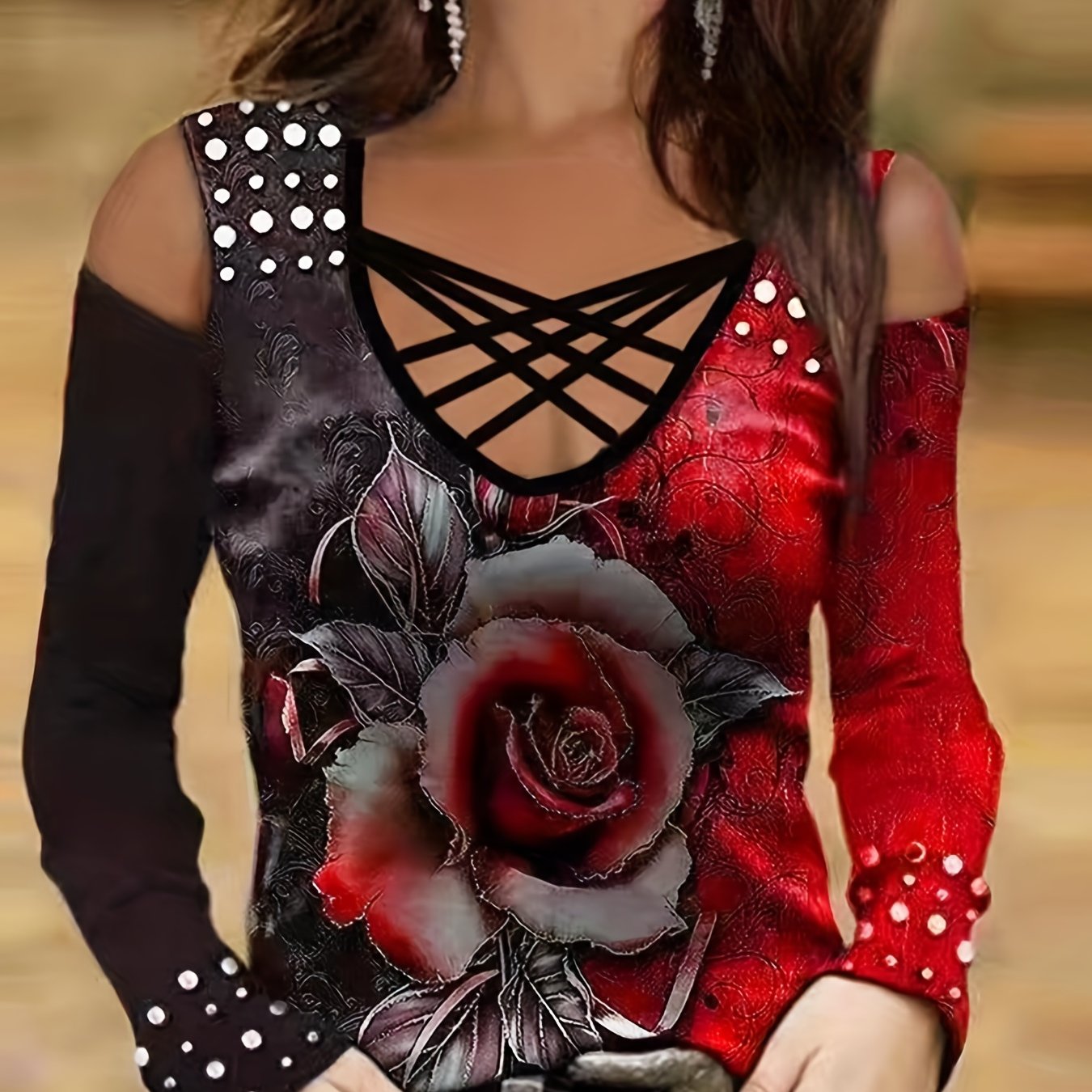 Image of Women's Floral Block T-shirt, Casual V-neck Long Sleeve T-shirt, Casual Day Tops, Women's Clothing