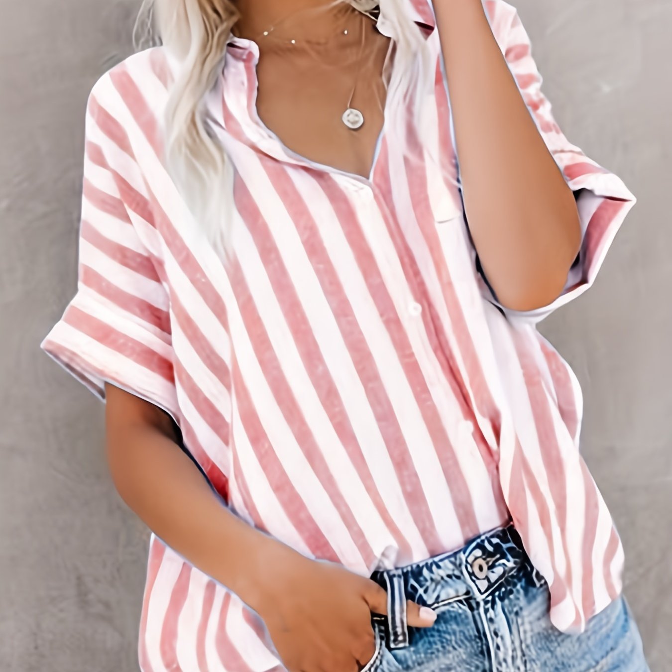 zanvin Womens Dressy T-Shirts Casual Summer Short Sleeve Lapel Stripe Print  Button Down Blouses Trendy Loose Fit Cardigan Tops Summer Savings