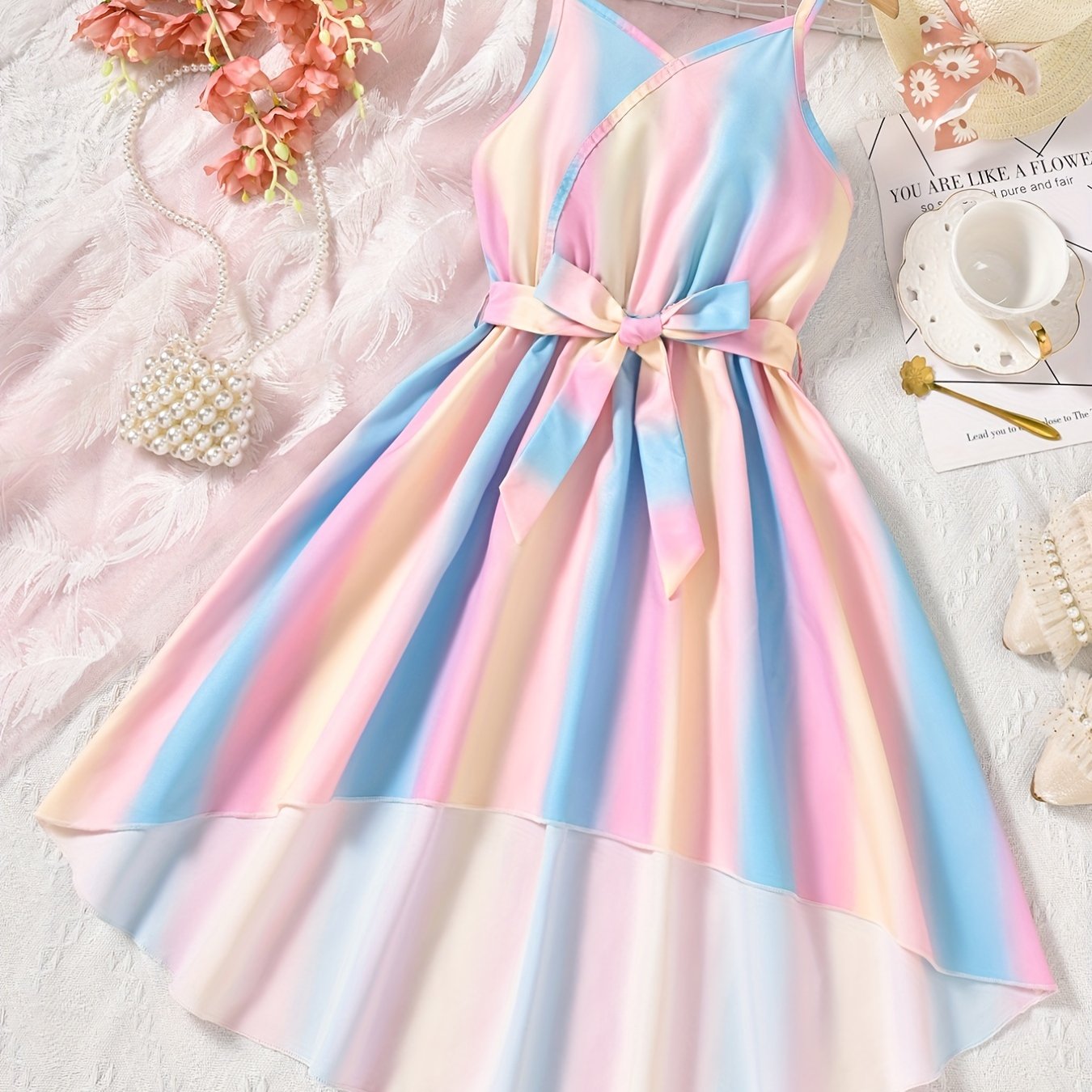 Niña En El Vestido De Color Rosa Pastel De Elegir Los Accesorios Para El  Cabello De Colores. Arco Y La Cinta Para Los Niños. Estilo De Pelo Y  Accesorios Para Niños. Elección