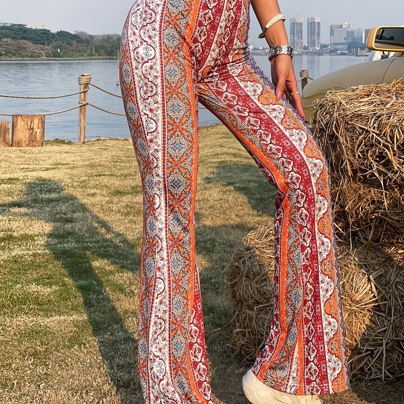 Forbidden Pants, Boho Casual Random Print Flare Pants, Women's Clothing -  Temu