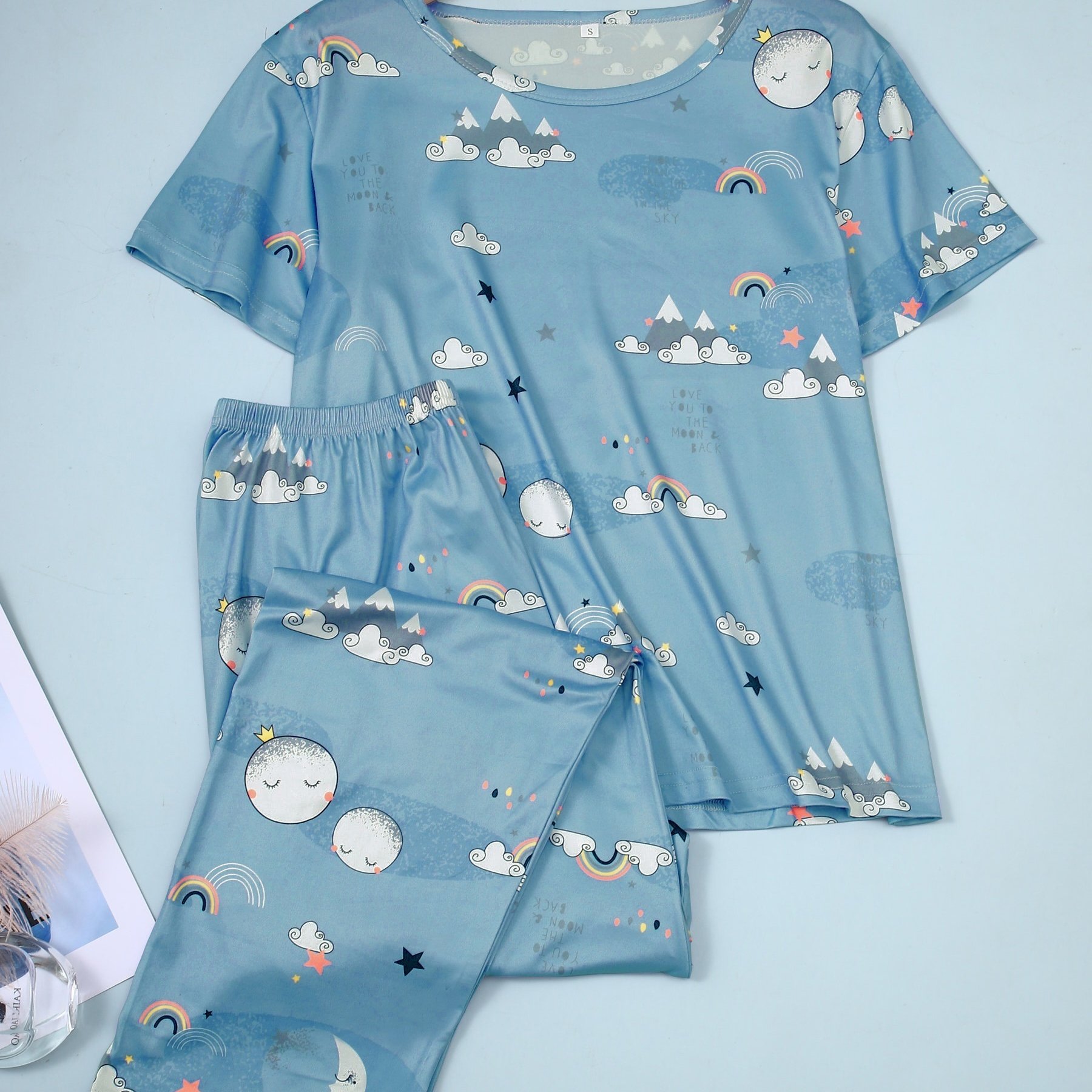 cute rainbow moon pajama set, short sleeve round neck top