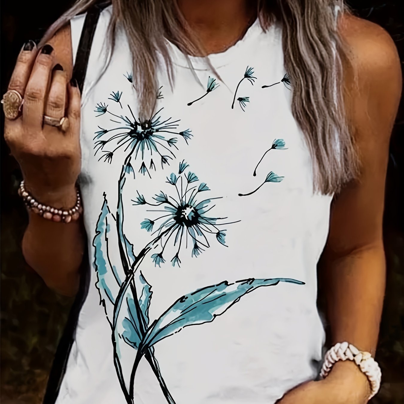 Graphic print tank top casual crew neck summer sleeveless top women s